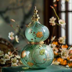 A cyan exquisite double-layer small gourd is placed in the middle position with a glass style gilding feel, Small green gourds, It contains unlimited power, Gilt style in the sea of flowers, Shining with a mysterious light., Flower petals swaying in the wind, Like the stars, Bring eternal hope.