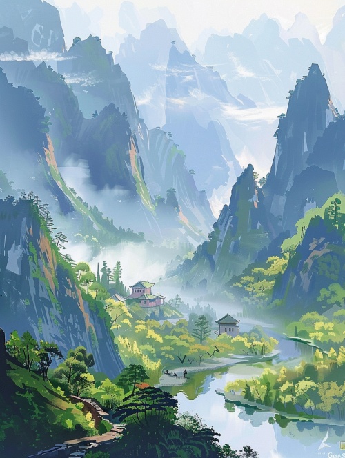 美丽的中国大好山河 风景美丽 景色壮观 儿童绘本插画风格