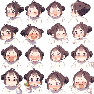 Emoji sheet of a cute fat girl, 16 emotions, mutiple dynamic pose, different expressions, white background, happy, angry, scared, surprised, etc., 8k, s 250 niji 5-