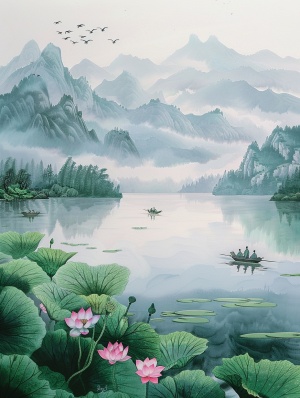 A painting depicting natural scenery. In the picture, we can see a peaceful and beautiful lake, with several pink lotus flowers and green lotus leaves floating on the surface of the lake. In the distance, there are undulating mountains that appear mysterious and spectacular amidst the clouds and mist. A group of birds are flying in the sky, adding a touch of vitality and energy to the entire scene. Two small boats are moored by the lake, with a few people sitting on them leisurely fishing or admiring the su