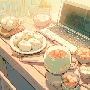桌面，上面摆了两个馒头，一个水煮蛋和一杯豆浆，温馨的氛围
