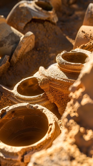 壮观的考古发掘现场，一处黄沙内露出陶器的一角