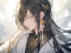 一个帅气的男人，闭着眼睛，长黑发，白色中国传统服装，颈环，黑色宝石，中国动漫，古代中国