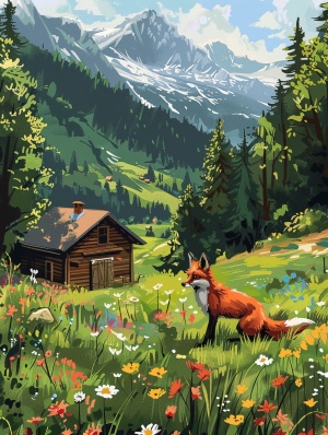 一只红色的小狐狸在森林里玩耍，漫山遍野的野花，一个小木屋