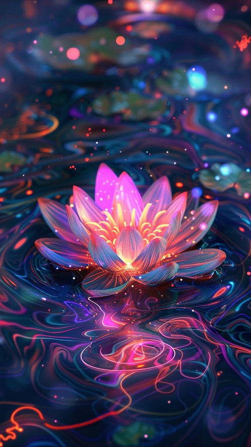 A glowing lotus flower with vibrant colors and intricate details, floating on water surrounded by swirling neon lights and magical energy, symbolizing tranquility and enlightenment. Digital illustration.