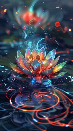 A glowing lotus flower with vibrant colors and intricate details, floating on water surrounded by swirling neon lights and magical energy, symbolizing tranquility and enlightenment. Digital illustration.