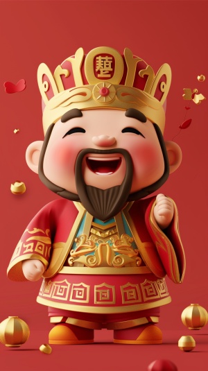 Cute Chinese God of wealth, Chinese door God, Wearing the official hat of the Tang and Song Dynasties in ancient China::2 ，holding a large shiny gold ingot in his hand, smiling, minimalist style, simple and clean light red background, full-length portrait, movie lighting, volume light, soft and advanced colors, Pixar style, Bubble Mart, 3D, C4D, blender, chibi, dribble, Pinterest, ultra detail, ultra precision, 8k ar 3:4 s 250 v 6.0