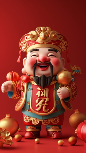 Cute Chinese God of wealth, Chinese door God, Wearing the official hat of the Tang and Song Dynasties in ancient China::2 ，holding a large shiny gold ingot in his hand, smiling, minimalist style, simple and clean light red background, full-length portrait, movie lighting, volume light, soft and advanced colors, Pixar style, Bubble Mart, 3D, C4D, blender, chibi, dribble, Pinterest, ultra detail, ultra precision, 8k ar 3:4 s 250 v 6.0