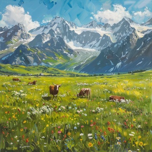 grasslands, herdsman, Cattle, snow-capped mountains, wildflowers blooming all over the grassland, a vibrant scene， blue Sky, fine brushwork