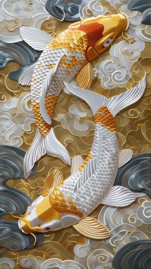 Chinese flat embroidery, flat decorative art, flat decorative painting, two gold and white carp, Chinese totem, smart, atmospheric,ray tracing, UHD, anatomically correct, ccurate, super detail, high details, best quality, award winning, 16k ar 3:4