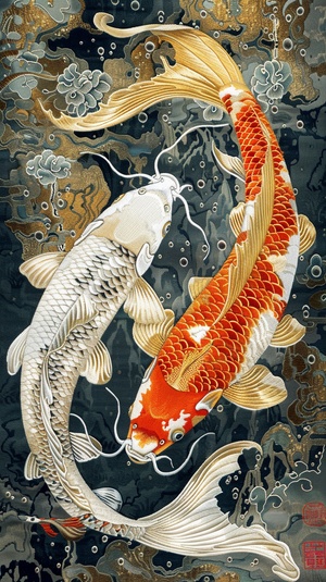 Chinese flat embroidery, flat decorative art, flat decorative painting, two gold and white carp, Chinese totem, smart, atmospheric,ray tracing, UHD, anatomically correct, ccurate, super detail, high details, best quality, award winning, 16k ar 3:4