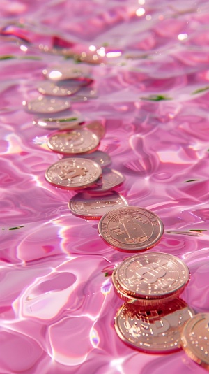 coins on pink water, wallpaper pink 775 hd, in the style of renhang,hyper realistic water, anime aesthetic.photorealistic scenes, resin, light violet,larme kei,16K ar 3:4 v 6.0