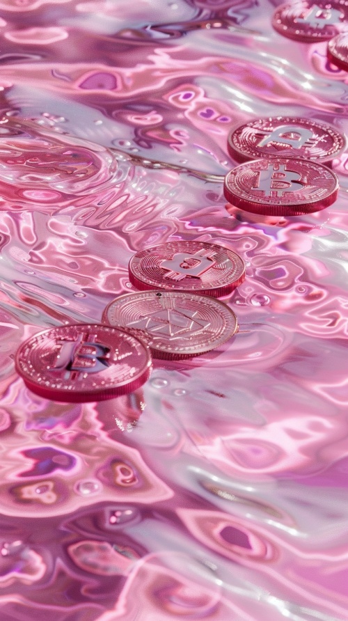 coins on pink water, wallpaper pink 775 hd, in the style of renhang,hyper realistic water, anime aesthetic.photorealistic scenes, resin, light violet,larme kei,16K ar 3:4 v 6.0