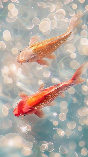 Glitter, Gorgeous and magical natural depth of field photography, Surreal, on the sparkling white water, with two red and gold koi and light pink gems made of foil, graceful curves, sunlight, spots, reflective cyan, natural light, photography, real, HD, high detail, clean, concise, picture quality best ar 3:4 v 6.0