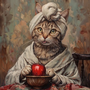 穿着睡袍的猫咪，头上顶着毛巾，在桌子面前，桌上面放个红色的苹果，油画风格，杰作