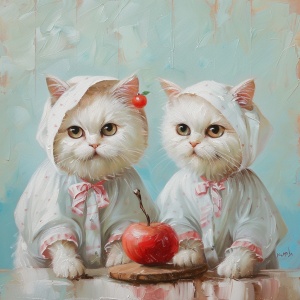 穿着睡袍的猫咪，白色的猫咪，可爱的，正面视角，开心的，头上顶着毛巾，在桌子面前，桌上面放个红色的苹果，油画风格，杰作，背景浅色，构图精美，柔和