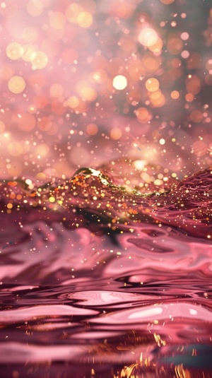 pink water 粉红色的水gold sparkles 金色的火花flowing fabrics 流动的织物light silver and light red 浅银色和浅红色dreamlike imagery 梦幻般的意象