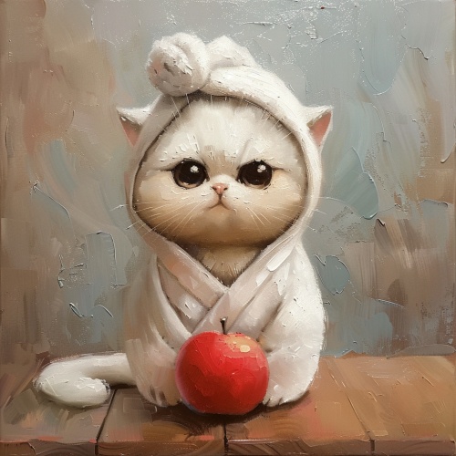 一只穿着睡袍的猫咪，白色的猫咪，可爱的，正面视角，开心的，头上顶着毛巾，在桌子面前，桌上面放个红色的苹果，油画风格，杰作，背景浅色，构图精美，柔和
