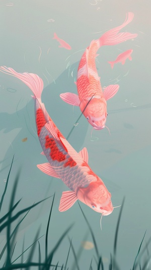 An illustration with the theme of two pink koi fish. The reflection of the koi fish is particularly charming when the sun shines through the water. Two koi fish swim slowly in the water, their color is pink, their scales are shining, like a dream in a fairy tale. In the background, the pale blue sky and green grass add softness and warmth to the overall tone of the picture. The whole work uses simple lines and bright colors, focusing on showing the smart and beautiful koi, creating a sense of tranquility an