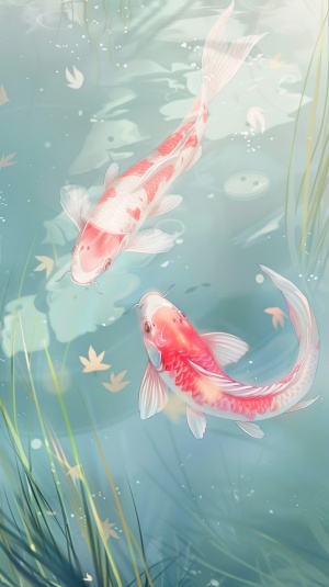 An illustration with the theme of two pink koi fish. The reflection of the koi fish is particularly charming when the sun shines through the water. Two koi fish swim slowly in the water, their color is pink, their scales are shining, like a dream in a fairy tale. In the background, the pale blue sky and green grass add softness and warmth to the overall tone of the picture. The whole work uses simple lines and bright colors, focusing on showing the smart and beautiful koi, creating a sense of tranquility an
