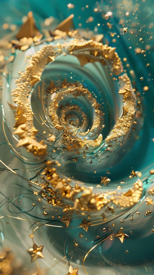 gold spiral with gold stars and gold swirling, in the style of futuristic spacescapes, light cyan and turquoise, tilt shift, mixes realistic and fantastical elements, bright backgrounds, crystalline and geological forms, uh image ar