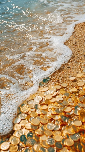 Golden Beach, the beach is full of gold coins, gold glittering, gold coins, there are gold crystal clear sea spray ar 3:4 v 6.0