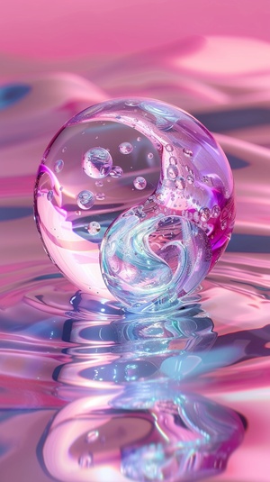 a colorful yin yang crystal sitting in water, in the style of light pink and violet, surrealistic dreamscapes, utopian vision, non-representational forms, solapunk, contrasting balance, magewave v 6.0 ar 2:3