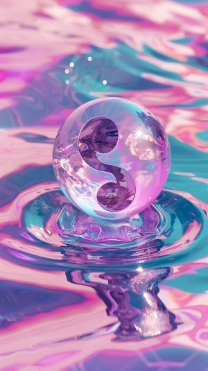 a colorful yin yang crystal sitting in water, in the style of light pink and violet, surrealistic dreamscapes, utopian vision, non-representational forms, solapunk, contrasting balance, magewave v 6.0 ar 2:3