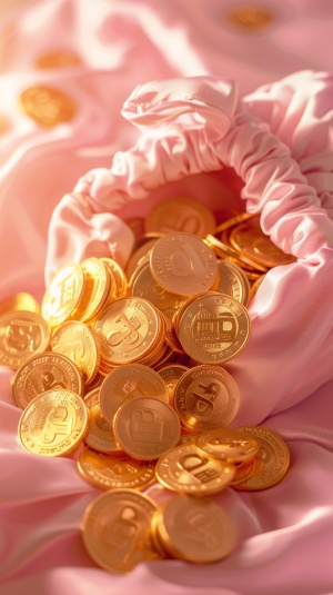 gold coins in a pink bag-粉色的袋子装着金币golden light effects-金色灯光效果high resolution photography-高分辨率摄影pastel colors-柔和的颜色-