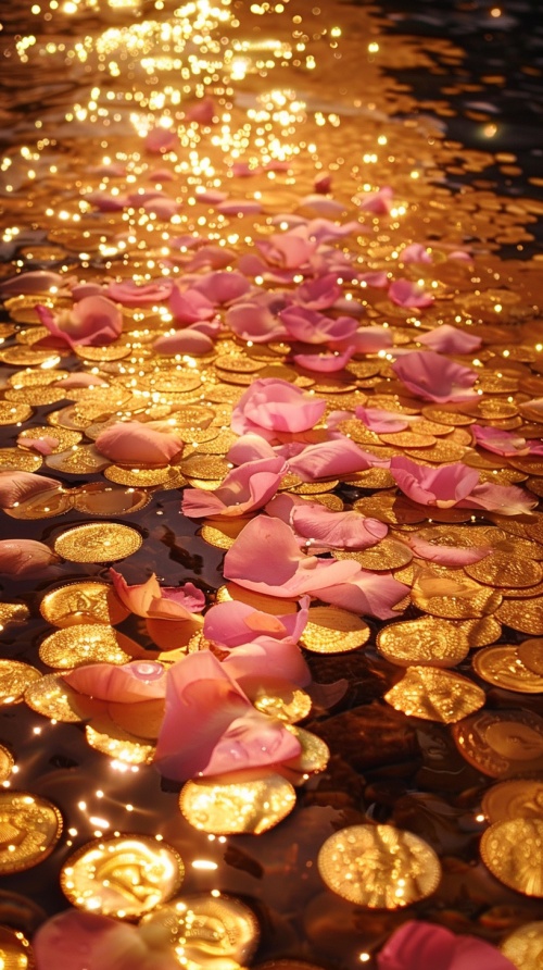 a shimmering pool of gold, the bottom of which is covered in gold shimmering coins and golden peanuts-一个闪闪发光的金池，池底覆盖着闪闪发光的金币和金花生pink petals floating on the water-粉红色的花瓣漂浮在水面上a few shimmering spots or lighting effects to give a sense of wealth and prosperity-一些闪闪发光的斑点或灯光效果，给人一种财富和繁荣的感觉
