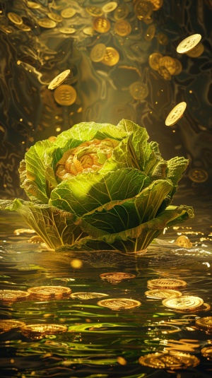 A golden celery cabbage floats on the water-一颗白菜漂浮在水面上many gold coins scattered around it-很多金币散落在它的周围The background is full of gold color-背景是满满的金黄色