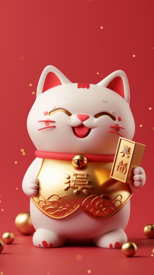 cute Japan lucky cat, holding a large shinny gold bar in its hand, smiling, minimalist style, simple and clean light red background, full-length portrait, movie lighting, volume light, soft and advanced colors, pixar style, bubble mart, 3D, C4D, blender, Chibi, Dribble, Pinterest, ultra detail, ultra precision，8k模式：mid journey 的niji6 模式哦（用v6模式有点太真实了，不够可爱）-