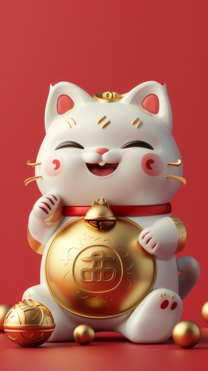 cute Japan lucky cat, holding a large shinny gold bar in its hand, smiling, minimalist style, simple and clean light red background, full-length portrait, movie lighting, volume light, soft and advanced colors, pixar style, bubble mart, 3D, C4D, blender, Chibi, Dribble, Pinterest, ultra detail, ultra precision，8k模式：mid journey 的niji6 模式哦（用v6模式有点太真实了，不够可爱）-
