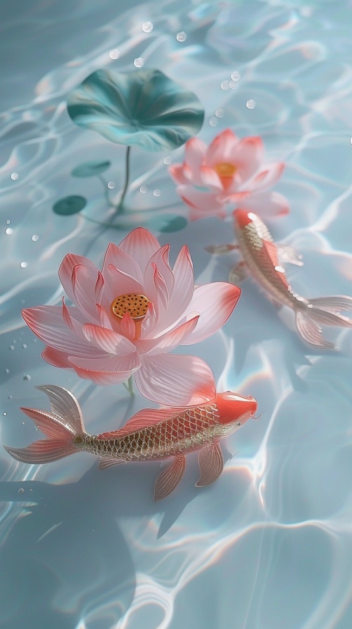 there are two pink and gold fish made of foil-有两条粉红色和金色的鱼是用箔纸做成的on the sparkling white water with foil and jade pink lotus flower-波光粼粼的水面上，点缀着玉粉的荷花beautiful curves-美丽的曲线natural light-自然光cinematography, photography, real, high-definiition-电影摄影，真实的，高清的-