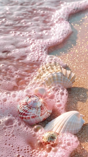 pink and gold glitter on the beach-沙滩上闪耀着粉色和金色的光芒shiny white pearl pink seashells-闪亮的白色珍珠和粉色贝壳sparkling waves of crystal clear sea foam-波光粼粼的海面泡沫in the style of digital art-数字艺术风格