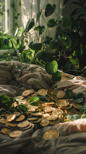 golden coins in designing bed-设计床上的金币y2k aeshetic-y2k美学snapshot aesthetic-快照美学dreamlike naturaleza-梦幻般的自然-