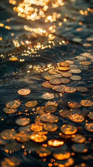 Close up-特写gold coins floating on the water -金币漂浮在水面上Flicker -闪烁Soft and dreamy depiction - 柔和梦幻的描绘 The brightness of water-水的明亮