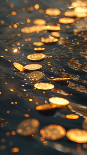 Close up-特写gold coins floating on the water -金币漂浮在水面上Flicker -闪烁Soft and dreamy depiction - 柔和梦幻的描绘 The brightness of water-水的明亮