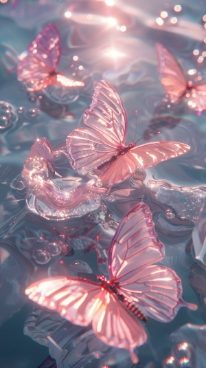 （midjourney-V6模式）several pink butterflies floating in beautiful crystal water, in the style of y2k aesthetic, silver and light pink, video montages, subtle color harmonies, i can't believe how beautiful this is, kimoicore, realistic yet stylized
