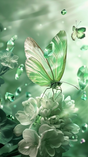透明的淡绿色蝴蝶落在绿色的水晶花上，有种蝶恋花的感觉晶莹剔透美不胜收