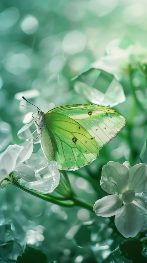 透明的淡绿色蝴蝶落在绿色的水晶花上，有种蝶恋花的感觉晶莹剔透美不胜收