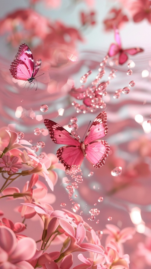 透明的粉红色蝴蝶落在粉红色的水晶花上，有种蝶恋花的感觉晶莹剔透美不胜收全息风格花花在水中