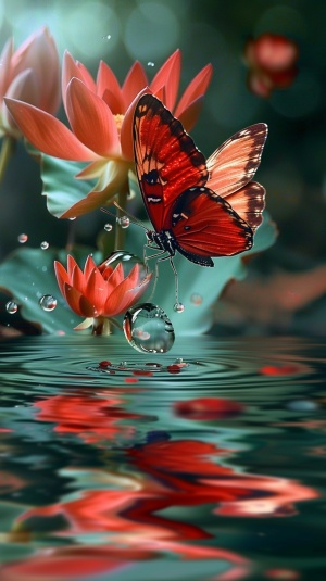 透明的红色蝴蝶落在红色的水晶花上，有种蝶恋花的感觉晶莹剔透美不胜收全息风格花花在水中
