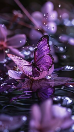 透明的紫色蝴蝶落在紫色的水晶花上，有种蝶恋花的感觉晶莹剔透美不胜收全息风格花花在水中