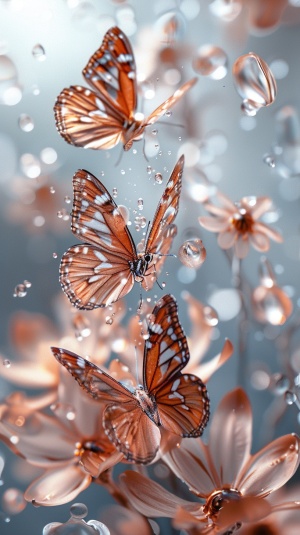 透明的咖啡色色蝴蝶落在咖啡色的水晶花上，有种蝶恋花的感觉晶莹剔透美不胜收全息风格花花在水中