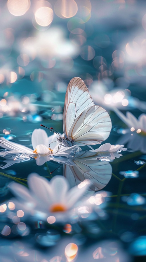 透明白色蝴蝶落在白色的水晶花上，有种蝶恋花的感觉晶莹剔透美不胜收全息风格花花在水中
