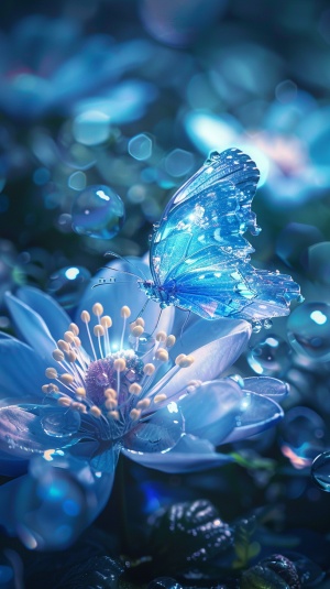 透明蓝色蝴蝶落在蓝色的水晶花上，有种蝶恋花的感觉晶莹剔透美不胜收全息风格花花在水中