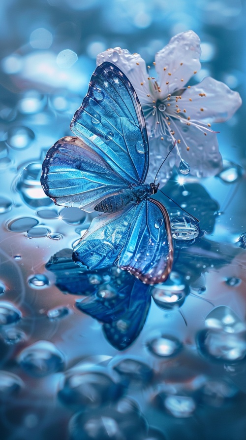 透明蓝色蝴蝶落在蓝色的水晶花上，有种蝶恋花的感觉晶莹剔透美不胜收全息风格花花在水中