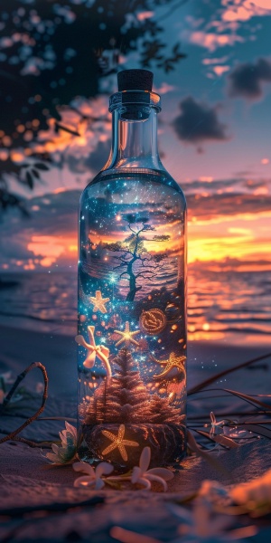 A beautiful glass bottle, which contains the world of stars, trees, flowers and flowers, the Milky Way,placed on the table, the background is the beach under the sunset, fantasy, aesthetic, literary, epic picture, true photographic texture, HD 8k