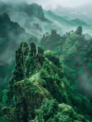 tonwen mei anderlief yhang的红琼丘陵山，以模糊，梦幻般的氛围，翡翠，uhd图像，错综复杂的景观，自然启发的迷彩风格